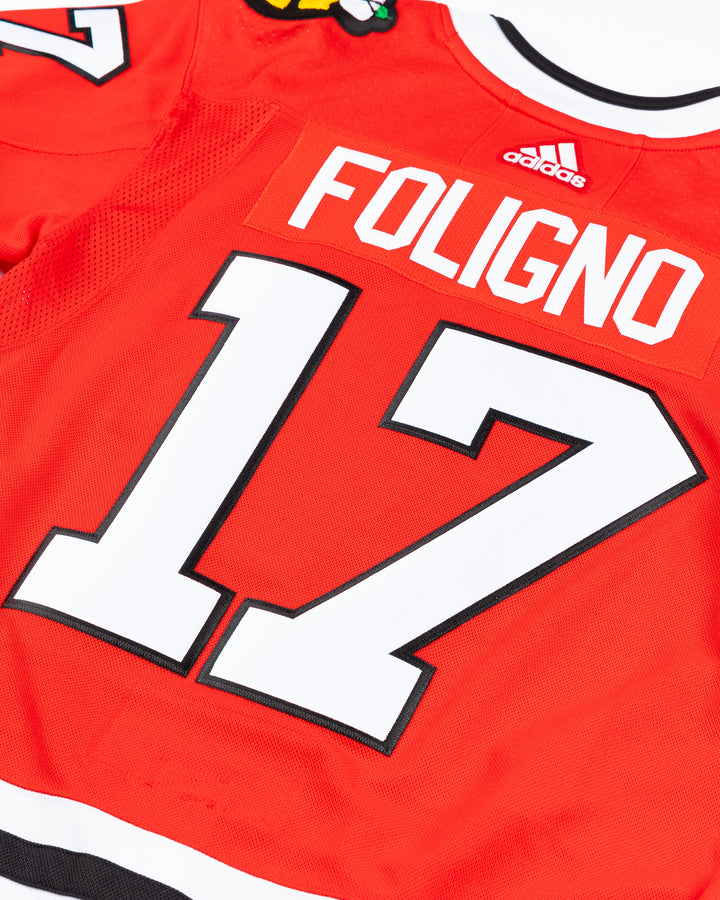 red adidas home Chicago Blackhawks jersey with pro stitched Nick Foligno name and number - back detail  lay flat