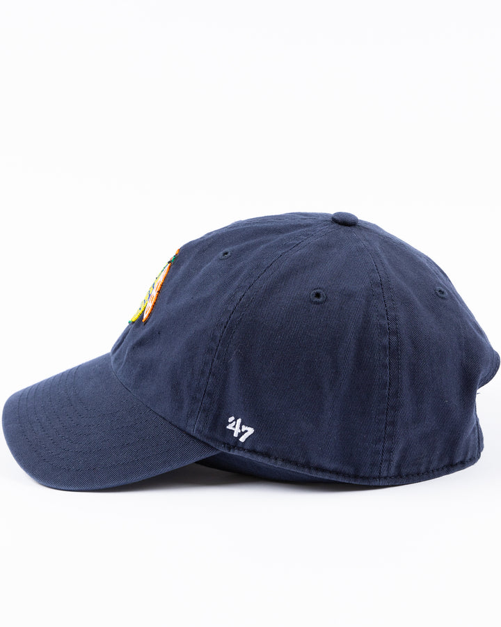 navy '47 brand adjustable cap with Chicago Blackhawks four feathers logo embroidered on front and UIC logo on right side - left side lay flat