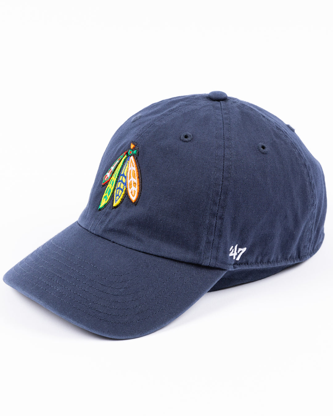 navy '47 brand adjustable hat with Chicago Blackhawks four feather logo embroidered on front and University of Michigan logo embroidered on right side - left angle lay flat