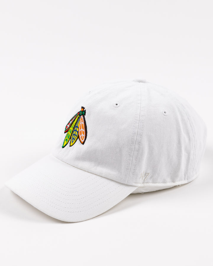 white '47 brand adjustable hat with Chicago Blackhawks four feathers logo and Indiana University logo - left angle lay flat