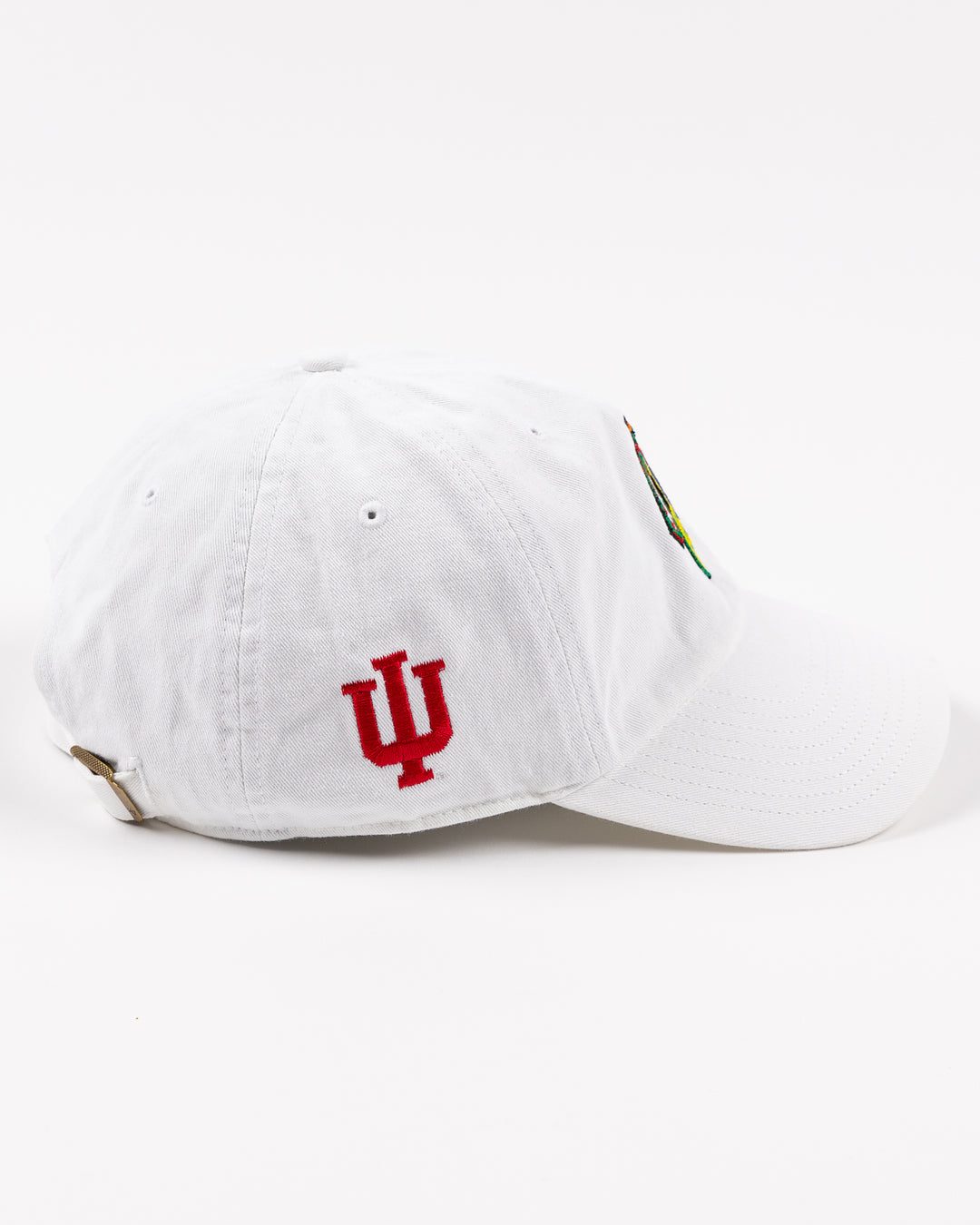 white '47 brand adjustable hat with Chicago Blackhawks four feathers logo and Indiana University logo - right side lay flat