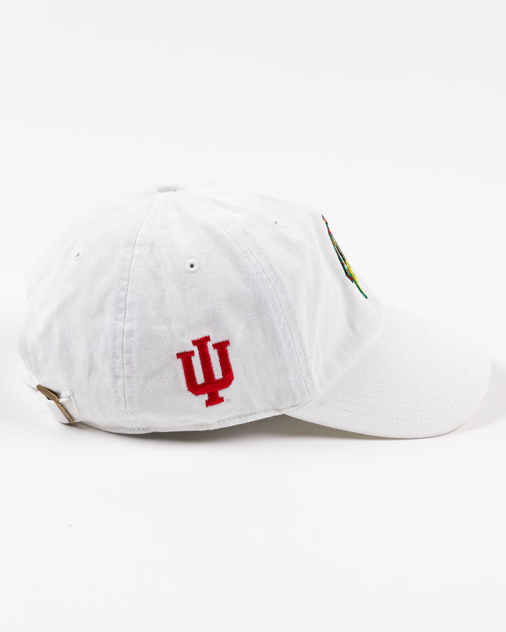 white '47 brand adjustable hat with Chicago Blackhawks four feathers logo and Indiana University logo - right side lay flat