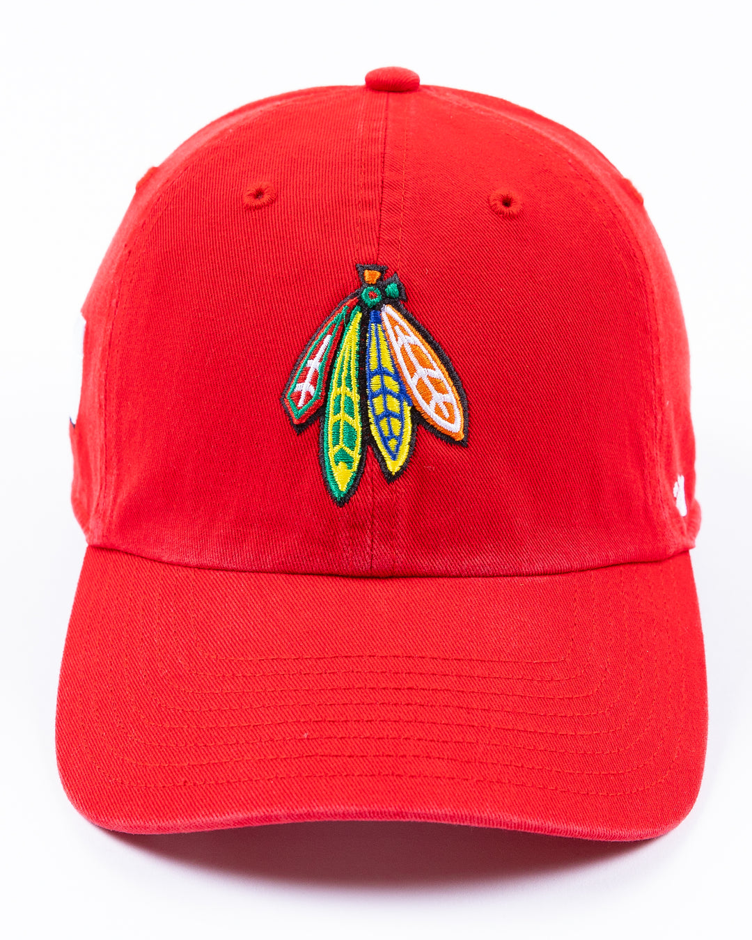 red '47 brand adjustable cap with Chicago Blackhawks four feathers logo on front and University of Wisconsin Madison logo on right side - front lay flat