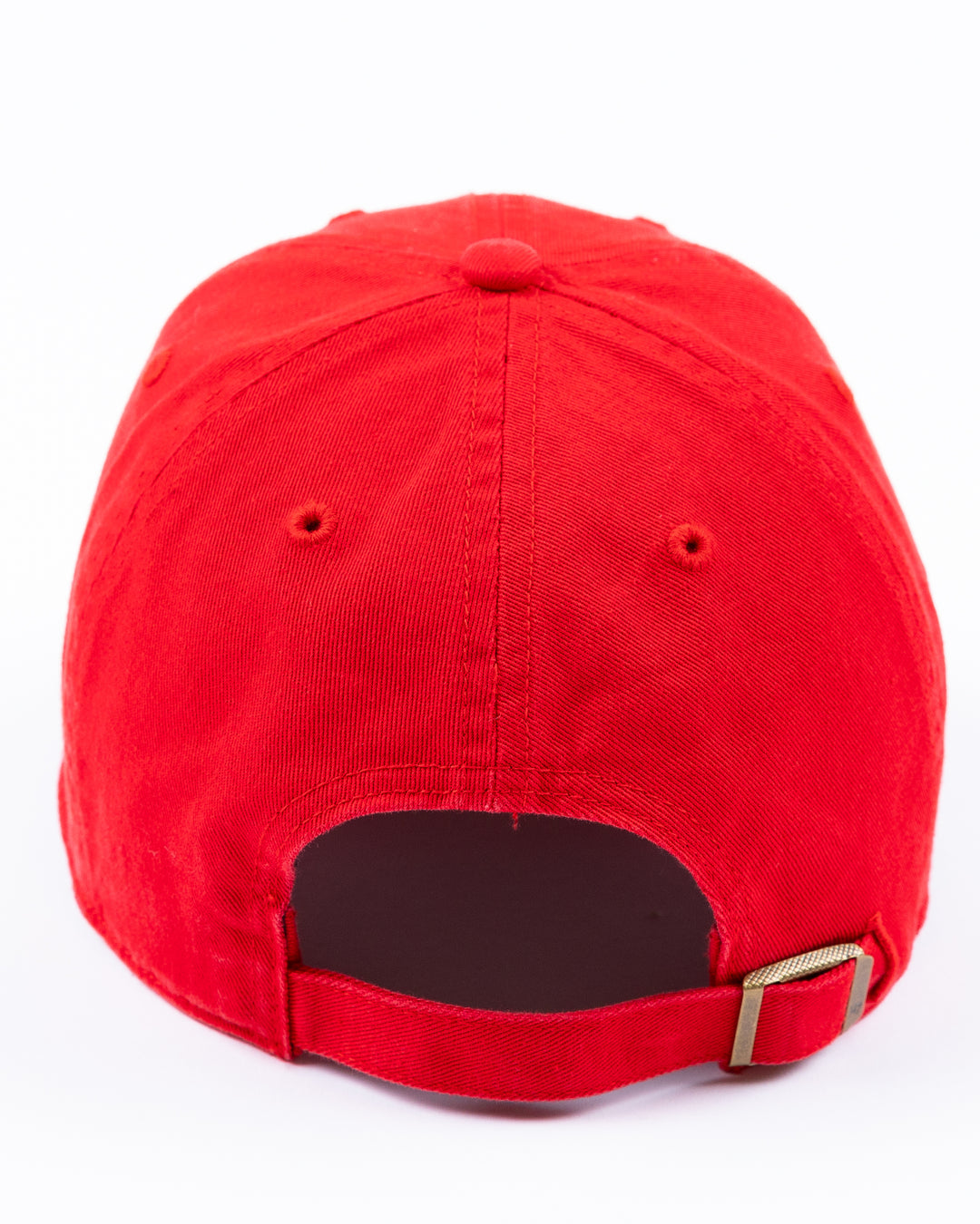 red '47 brand adjustable cap with Chicago Blackhawks four feathers logo on front and University of Wisconsin Madison logo on right side - back lay flat