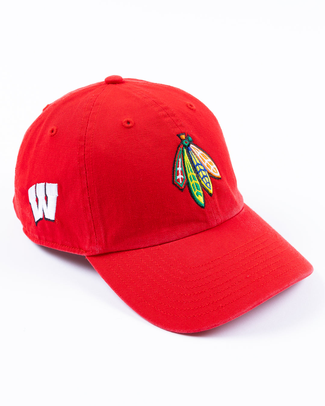 red '47 brand adjustable cap with Chicago Blackhawks four feathers logo on front and University of Wisconsin Madison logo on right side - right angle lay flat