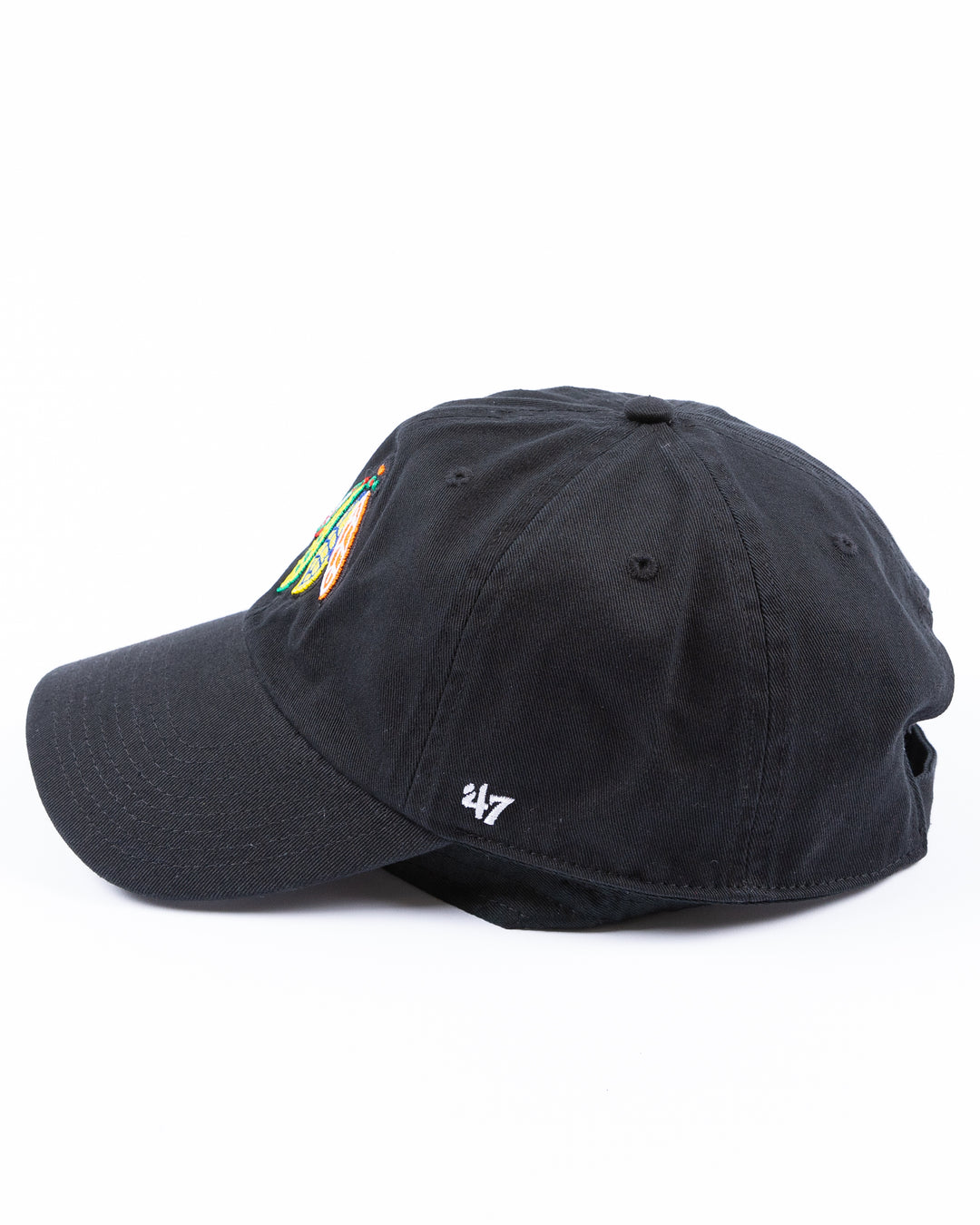 black '47 brand adjustable cap with Chicago Blackhawks four feathers embroidered on front and NIU logo embroidered on right side - left side lay flat