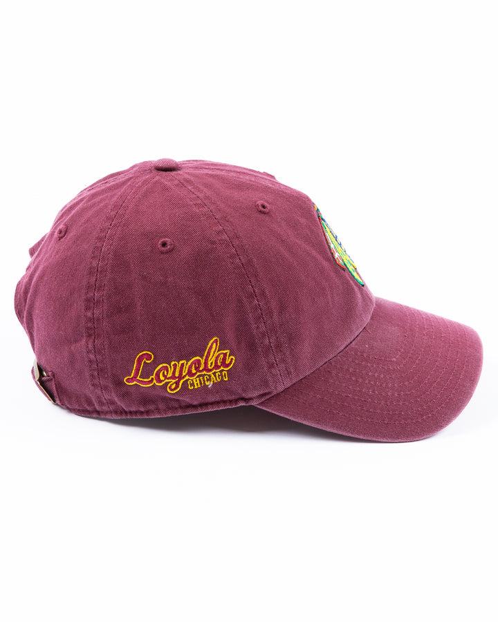 maroon '47 brand adjustable hat with Chicago Blackhawks four feathers logo embroidered on front and Loyola University Chicago logo embroidered on right side - right side lay flat