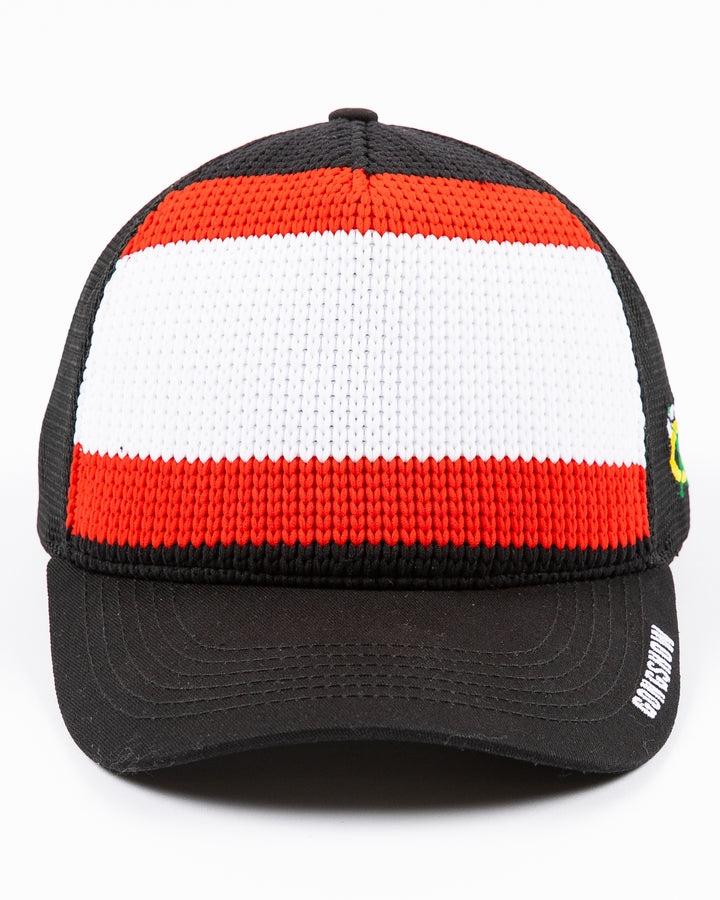 black Gongshow trucker hat with red and white stripe pattern and Chicago Blackhawks secondary logo embroidered on left side - front lay flat