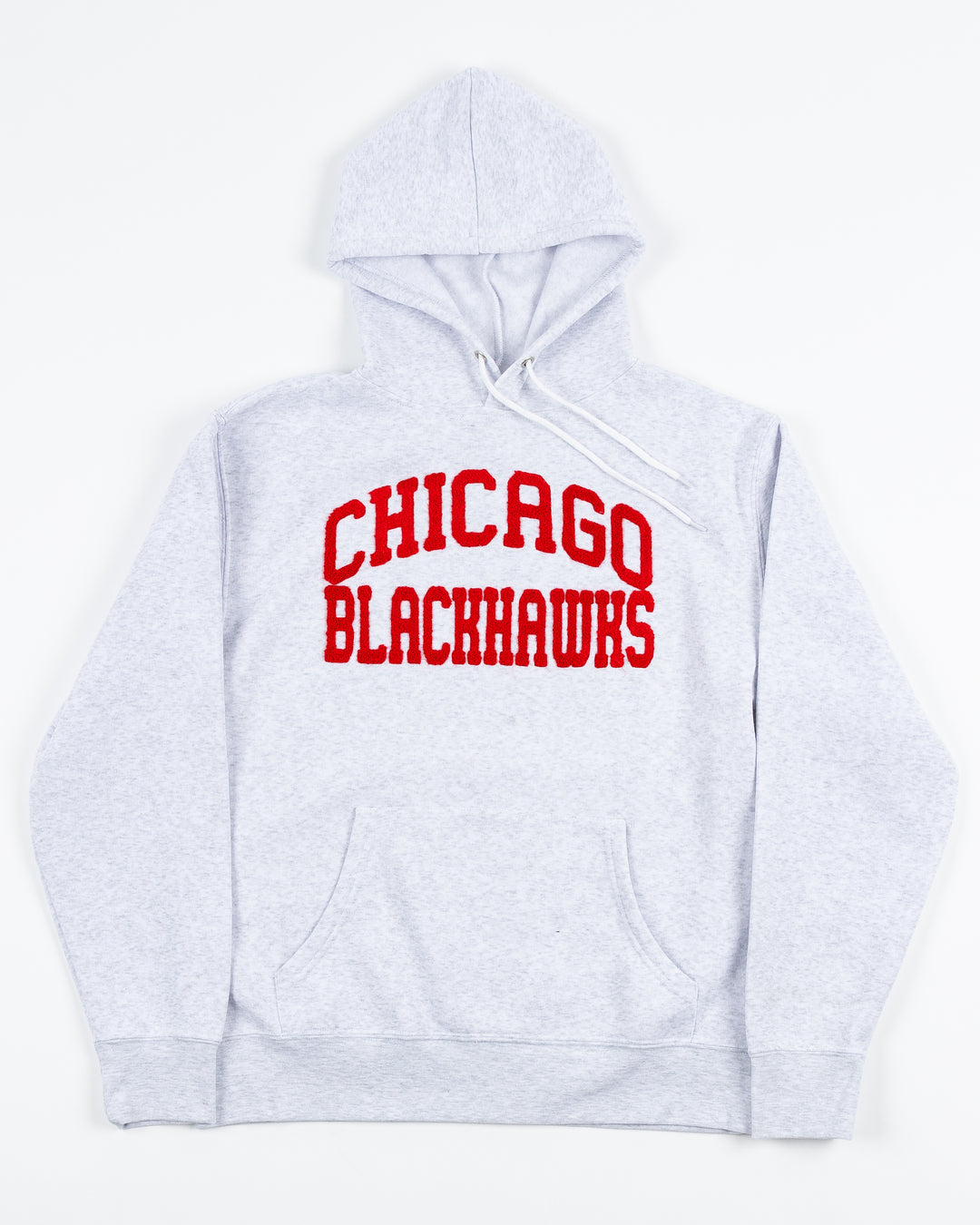 light grey zoozatz women's hoodie with red chenille Chicago Blackhawks wordmark across chest - front lay flat