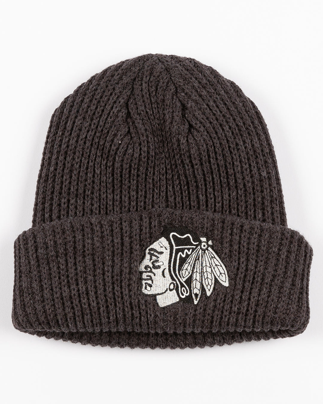 grey CCM watchman beanie with tonal Chicago Blackhawks primary logo on front cuff - front lay flat