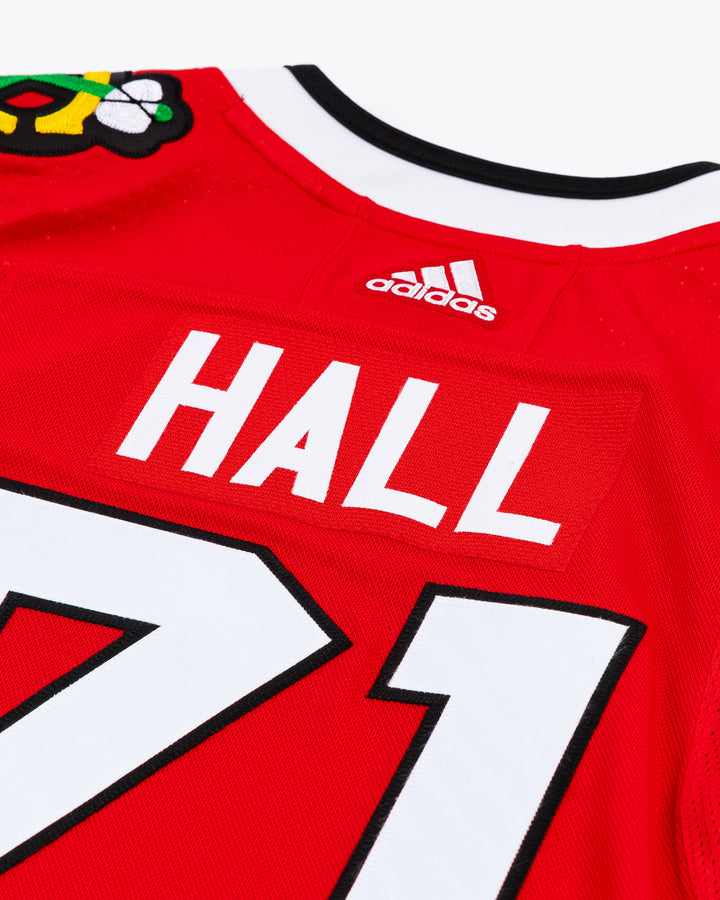 red adidas Chicago Blackhawks hockey jersey with Taylor Hall name and number - back detail lay flat