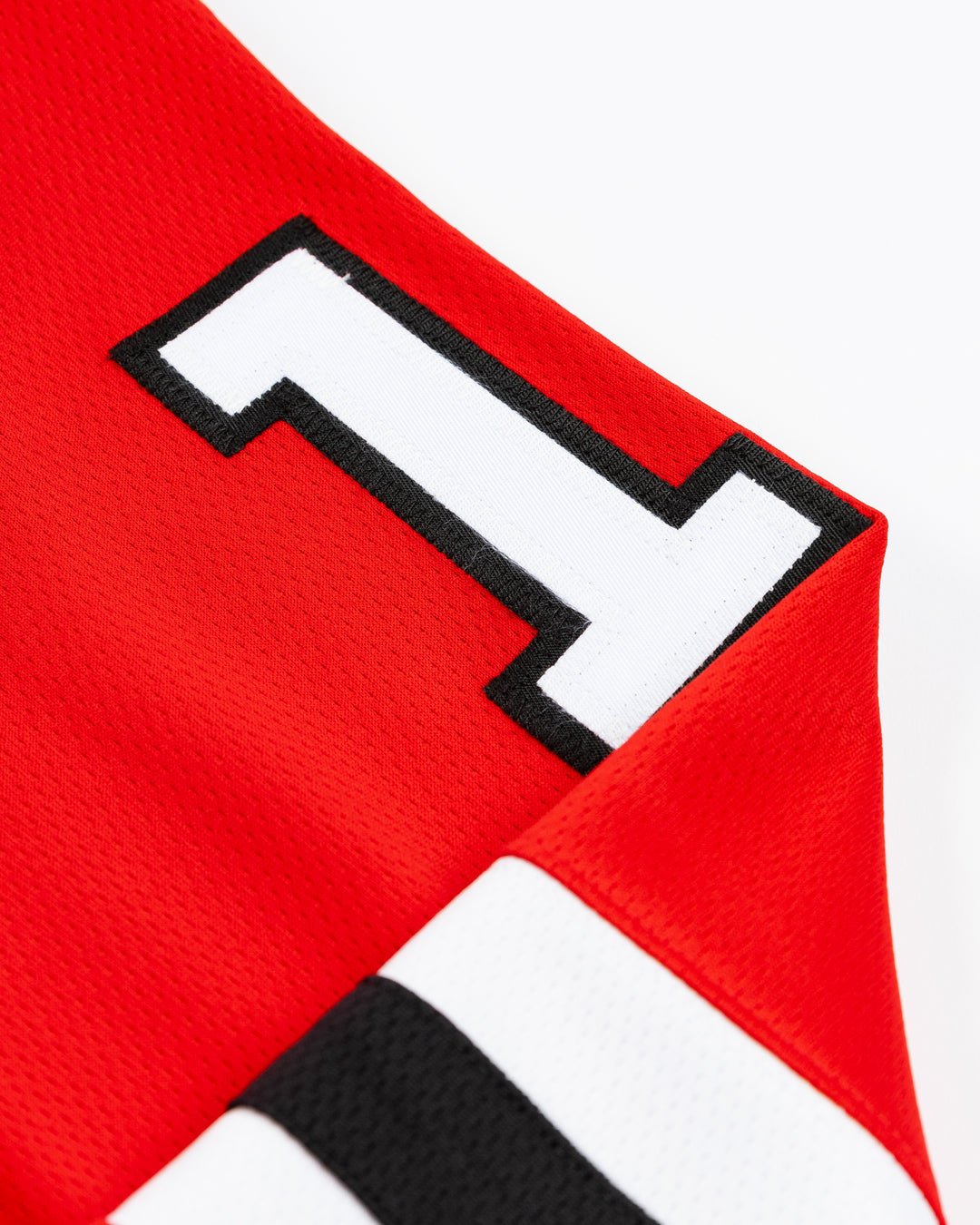 red Fanatics Chicago Blackhawks hockey jersey with stitched Nick Foligno name and number - shoulder detail lay flat