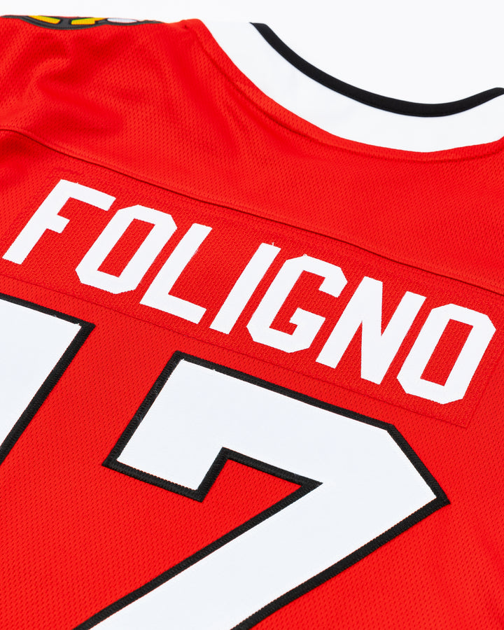 red Fanatics Chicago Blackhawks hockey jersey with stitched Nick Foligno name and number - back detail  lay flat