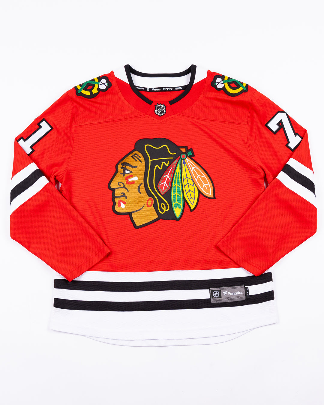 red Fanatics Chicago Blackhawks jersey with stitched Taylor Hall name and number - front lay flat