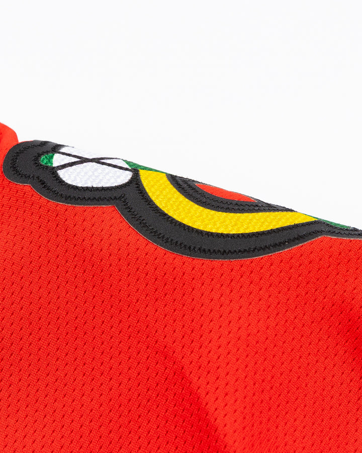 red Fanatics Chicago Blackhawks hockey jersey with stitched Seth Jones name and number - alt shoulder detail lay flat