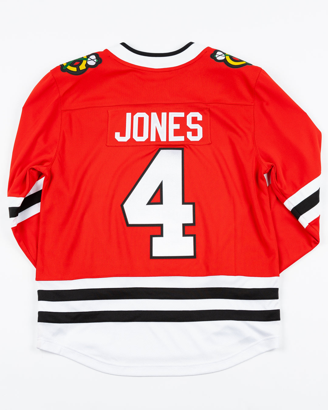 red Fanatics Chicago Blackhawks hockey jersey with stitched Seth Jones name and number - back lay flat