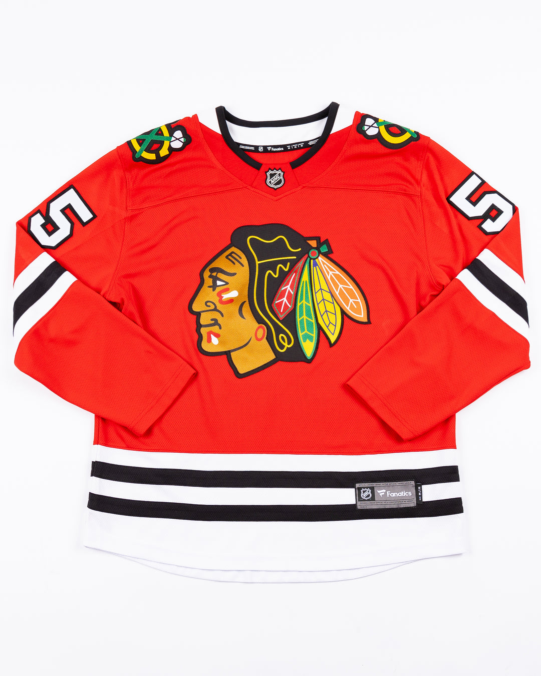 red Fanatics Chicago Blackhawks jersey with stitched Kevin Korchinski name and number - front lay flat