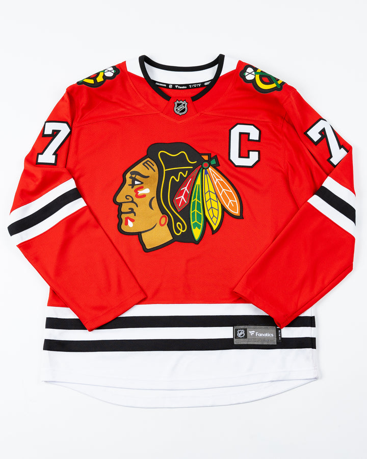 red Fanatics Chicago Blackhawks hockey jersey with stitched Chris Chelios name and number - front lay flat