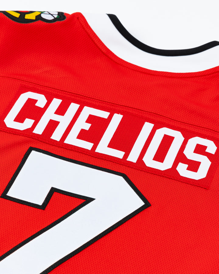 red Fanatics Chicago Blackhawks hockey jersey with stitched Chris Chelios name and number - back detail lay flat