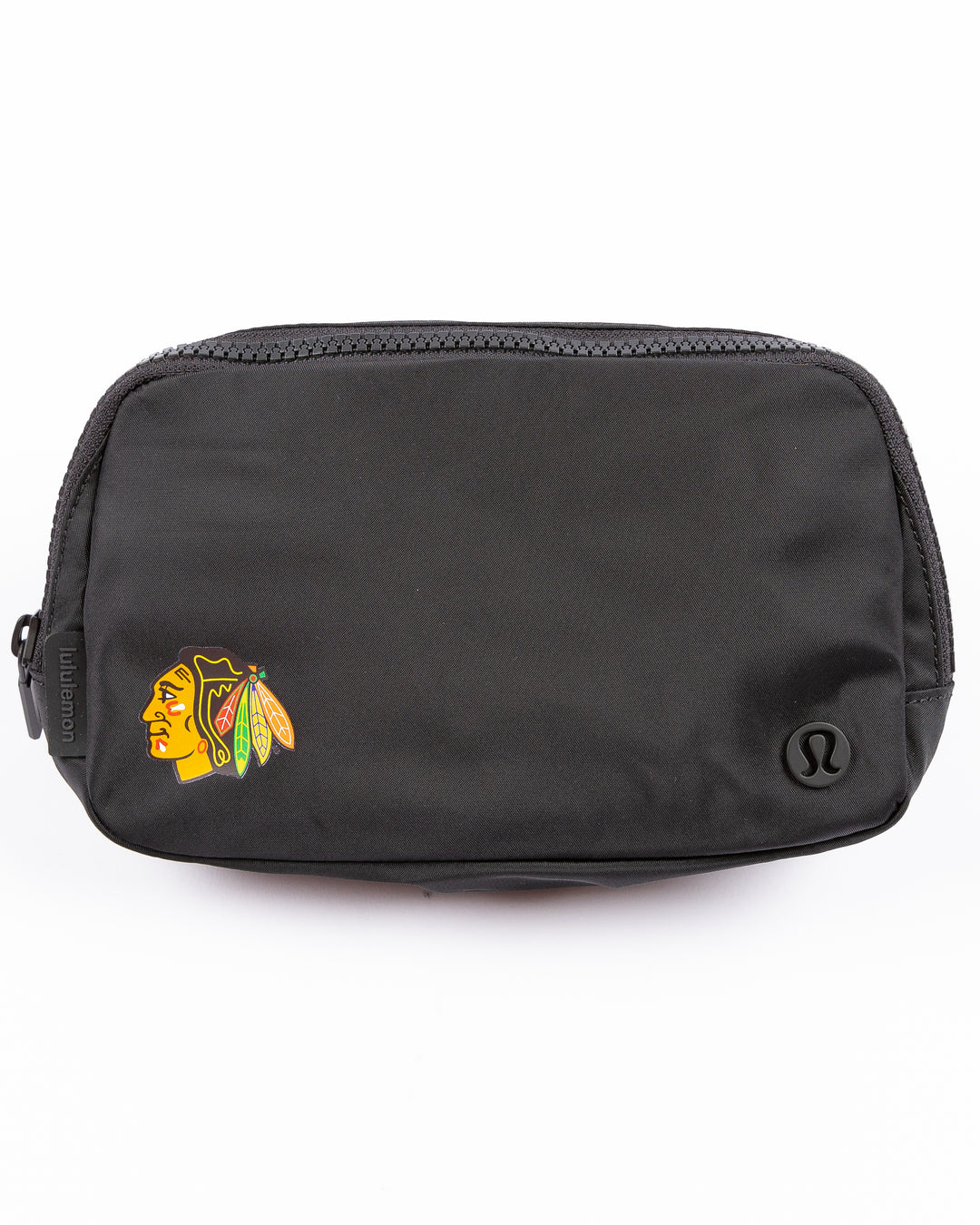 black lululemon belt bag with Chicago Blackhawks primary logo printed on front - front lay flat