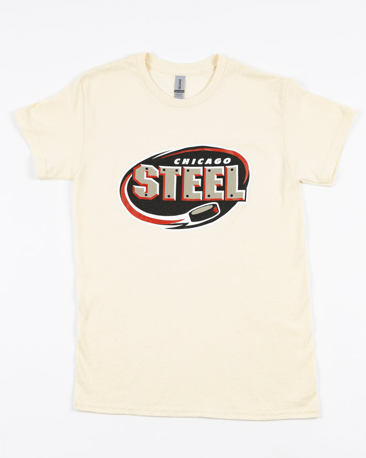 cream short sleeve tee with Chicago Steel logo across front - front lay flat