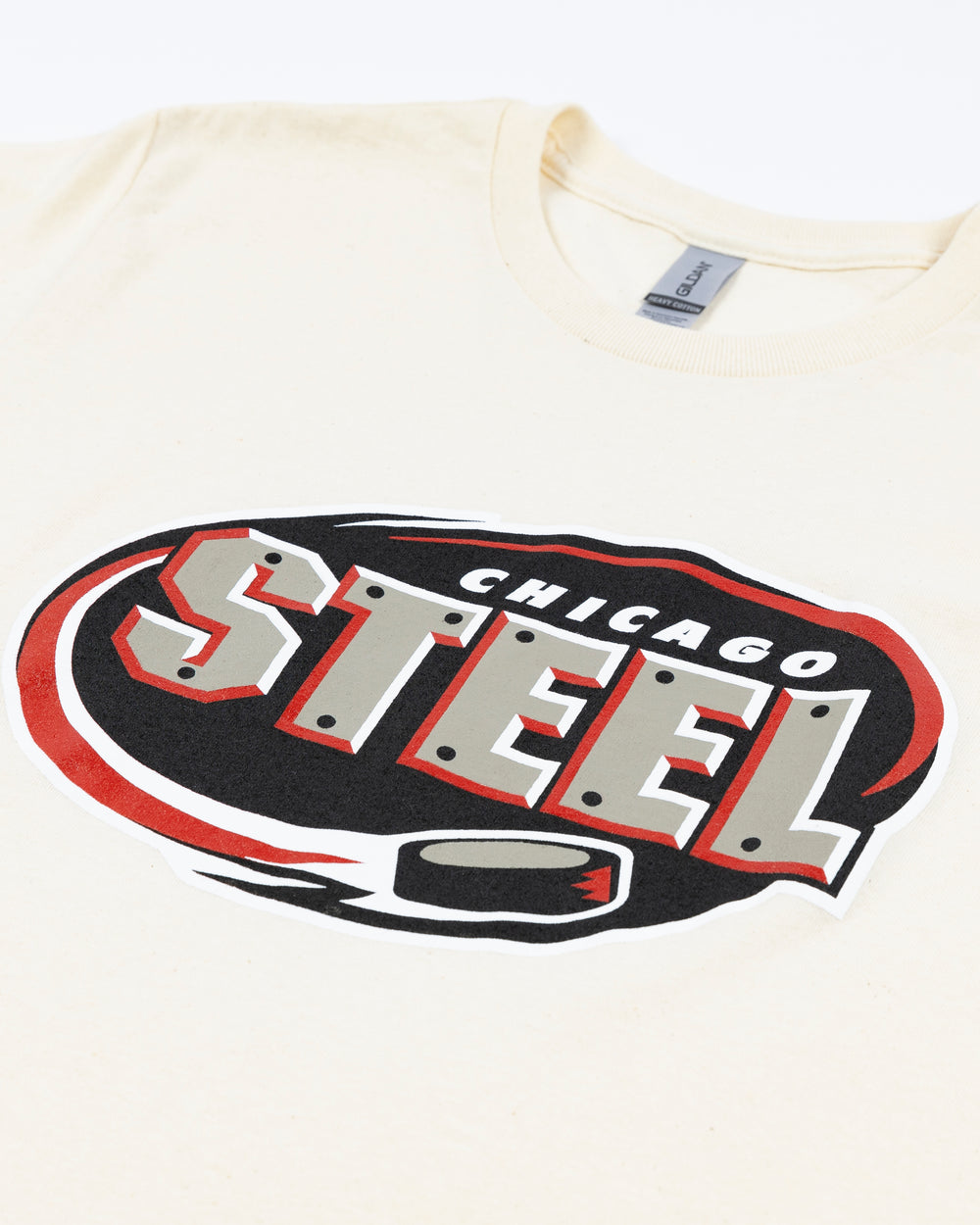 cream short sleeve tee with Chicago Steel logo across front - detail lay flat