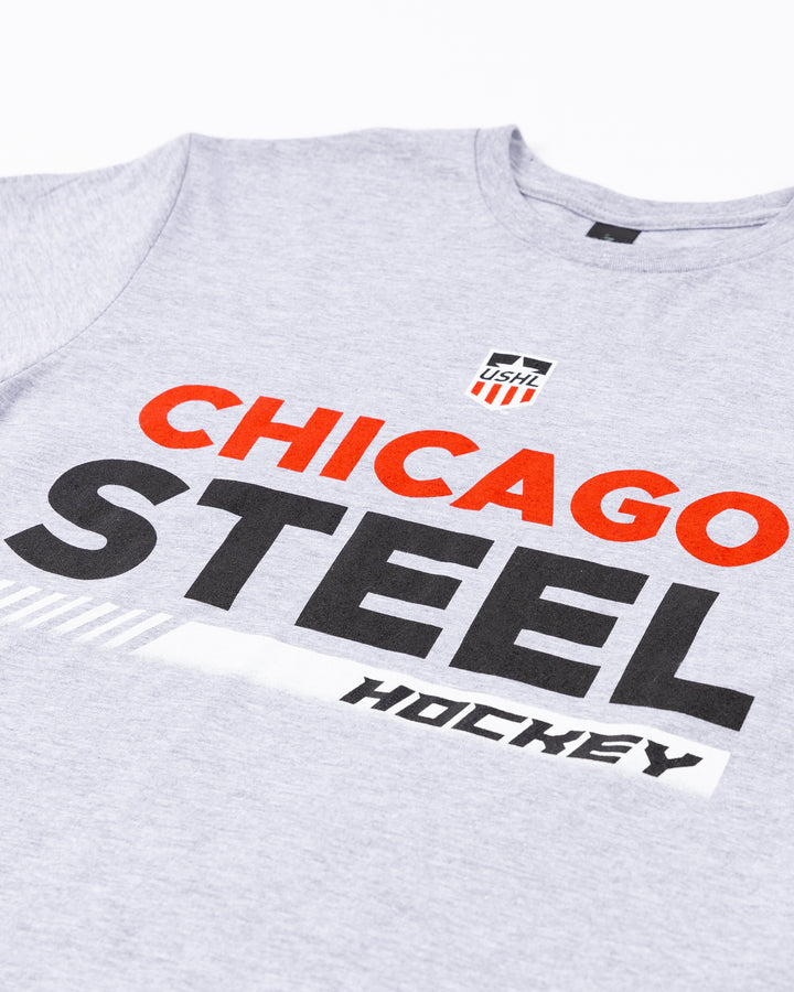 grey short sleeve tee with Chicago Steel Hockey wordmark graphic across front - detail lay flat