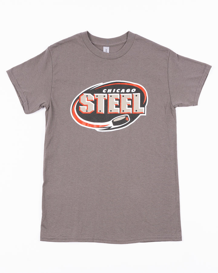 charcoal grey short sleeve tee with Chicago Steel logo across front - front lay flat