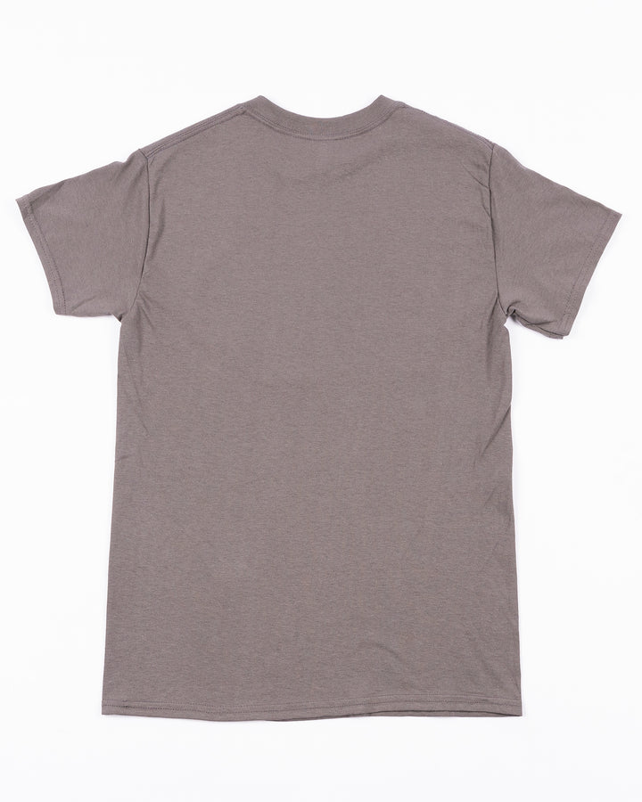 charcoal grey short sleeve tee with Chicago Steel logo across front - back lay flat