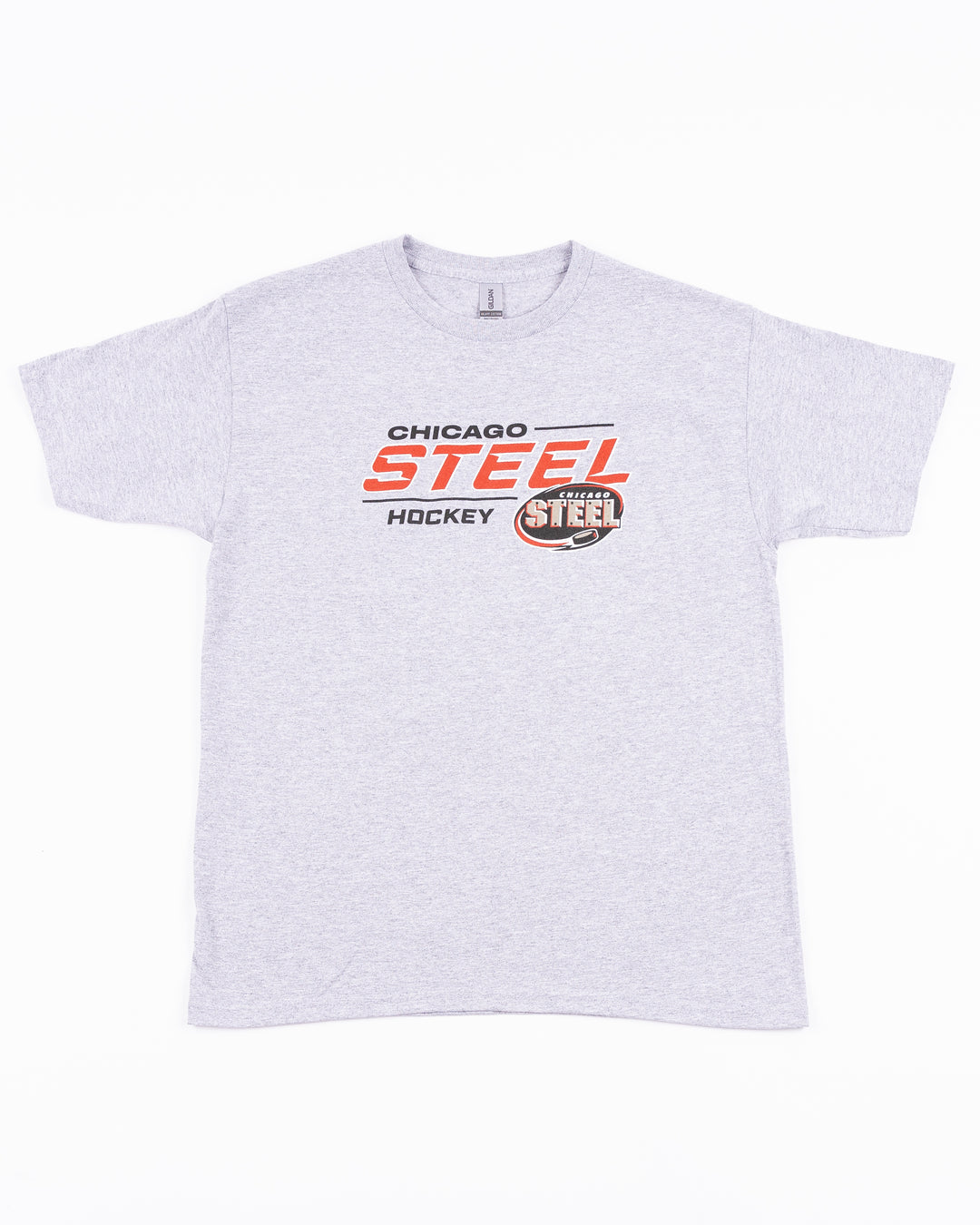 light grey short sleeve youth tee with Chicago Steel Hockey word graphic across front - front lay flat