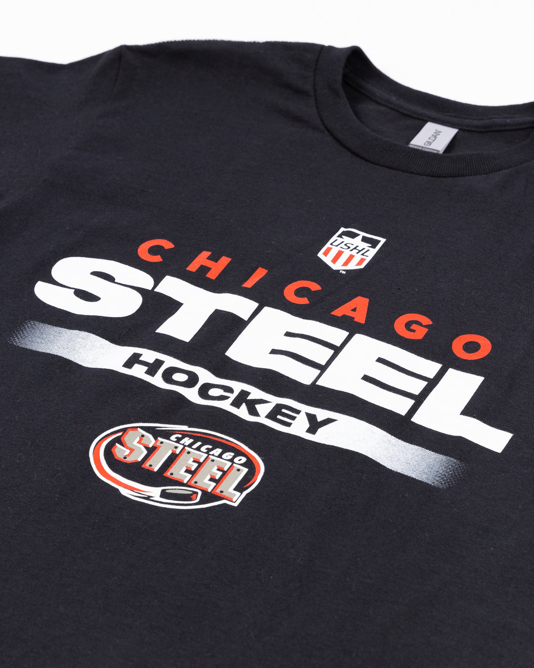 black short sleeve tee with Chicago Steel Hockey wordmark and logo across front - detail lay flat