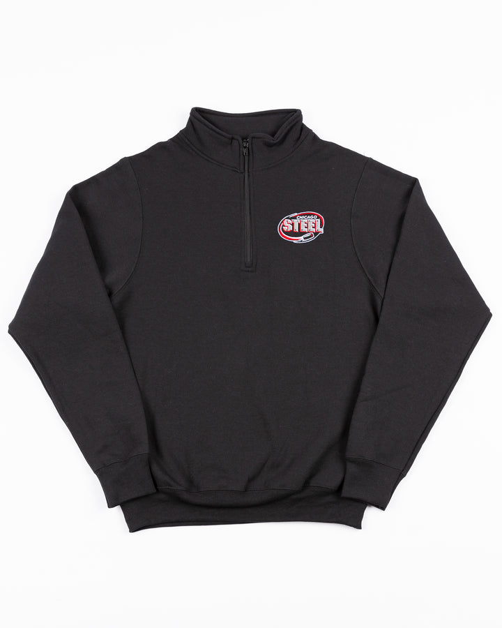 black quarter zip with Chicago Steel logo on left chest - front lay flat