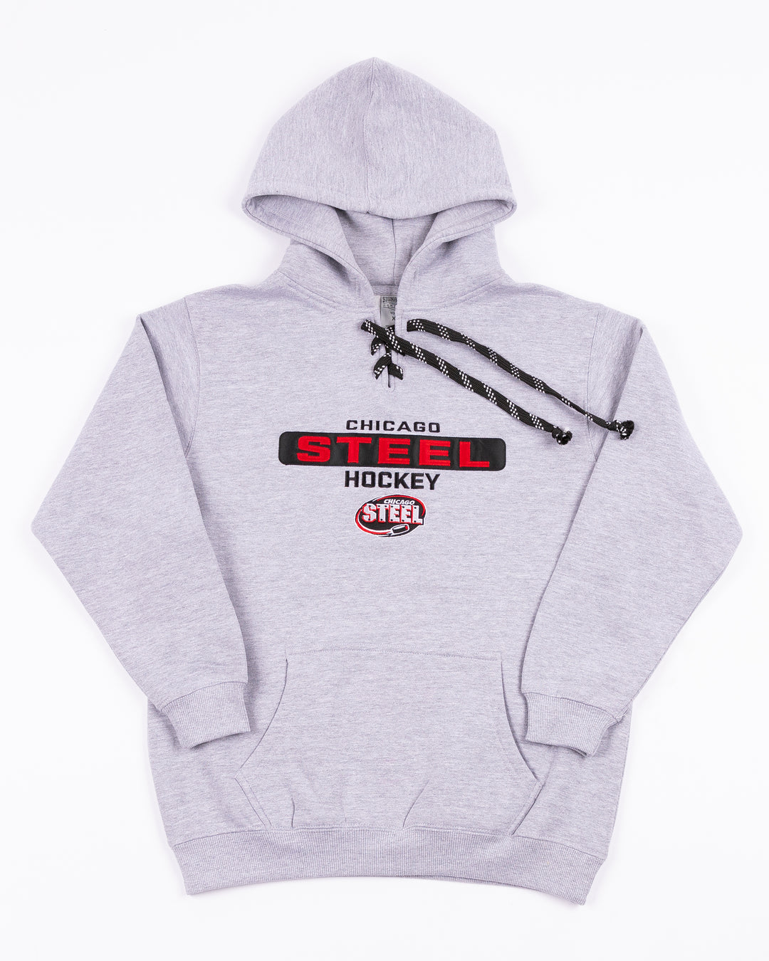 grey youth hoodie with lace up front and Chicago Steel Hockey graphic across front - front lay flat