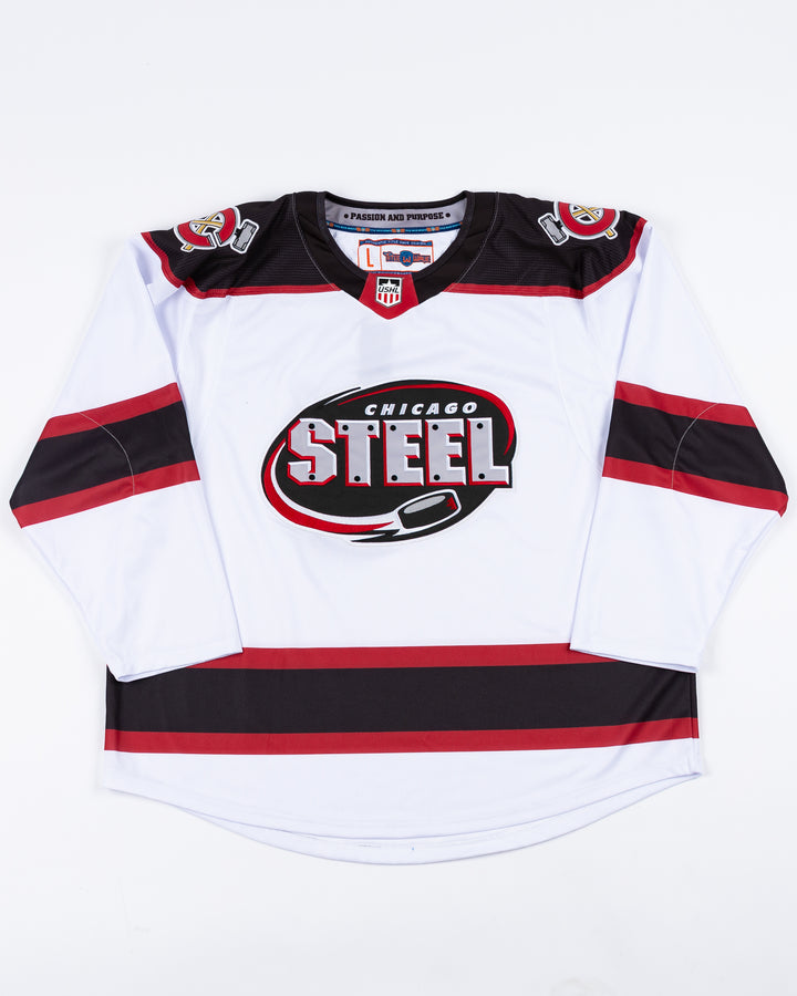 white Chicago Steel replica hockey jersey - front lay flat