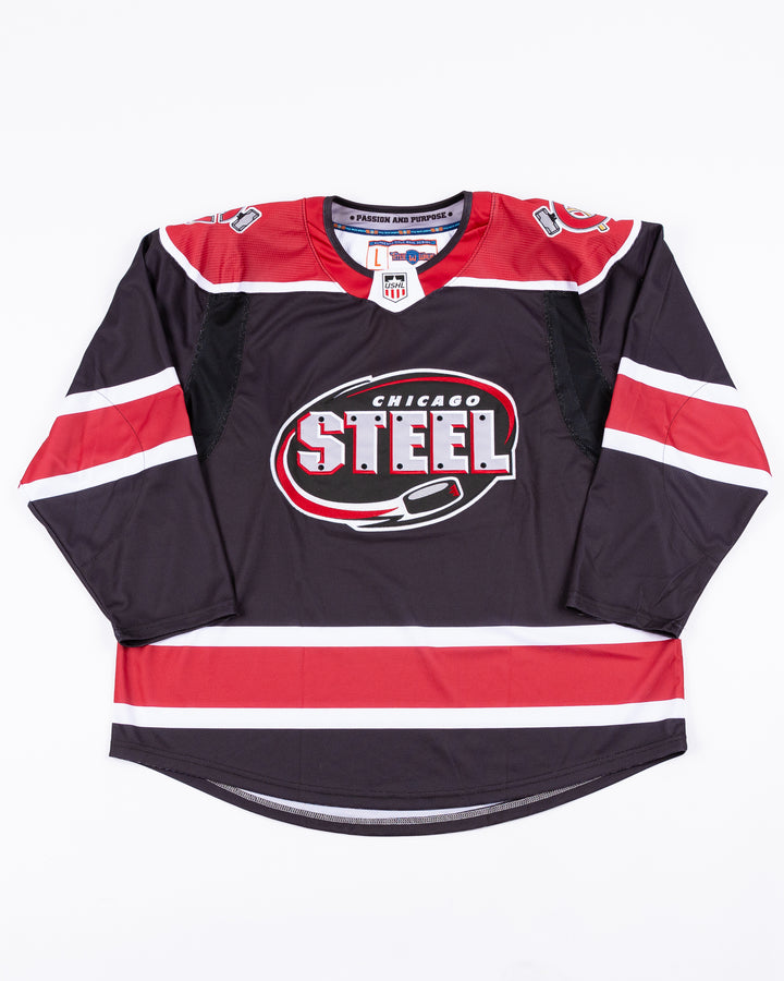 black Chicago Steel hockey jersey - front lay flat