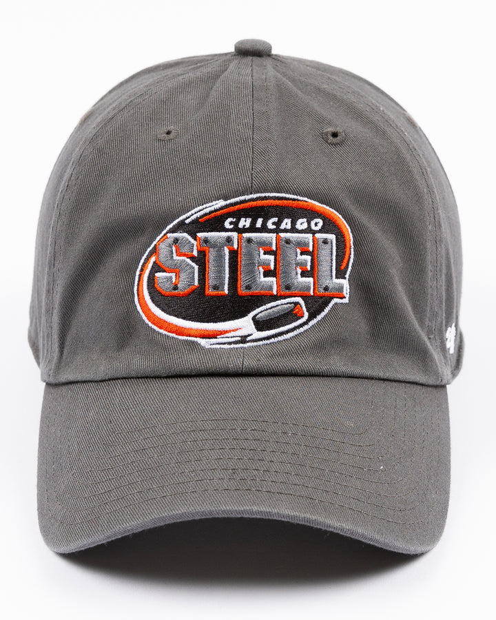 charcoal grey '47 brand clean up adjustable cap with embroidered Chicago Steel logo on front - front lay flat