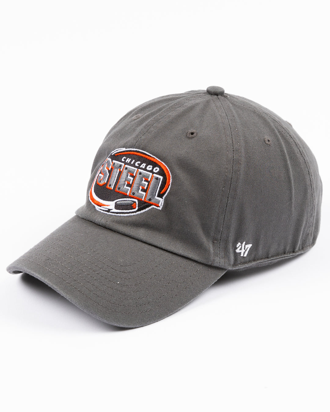 charcoal grey '47 brand clean up adjustable cap with embroidered Chicago Steel logo on front - left angle lay flat