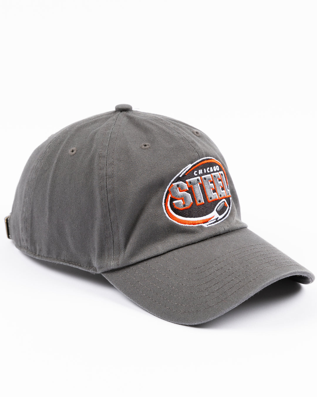 charcoal grey '47 brand clean up adjustable cap with embroidered Chicago Steel logo on front - right angle lay flat