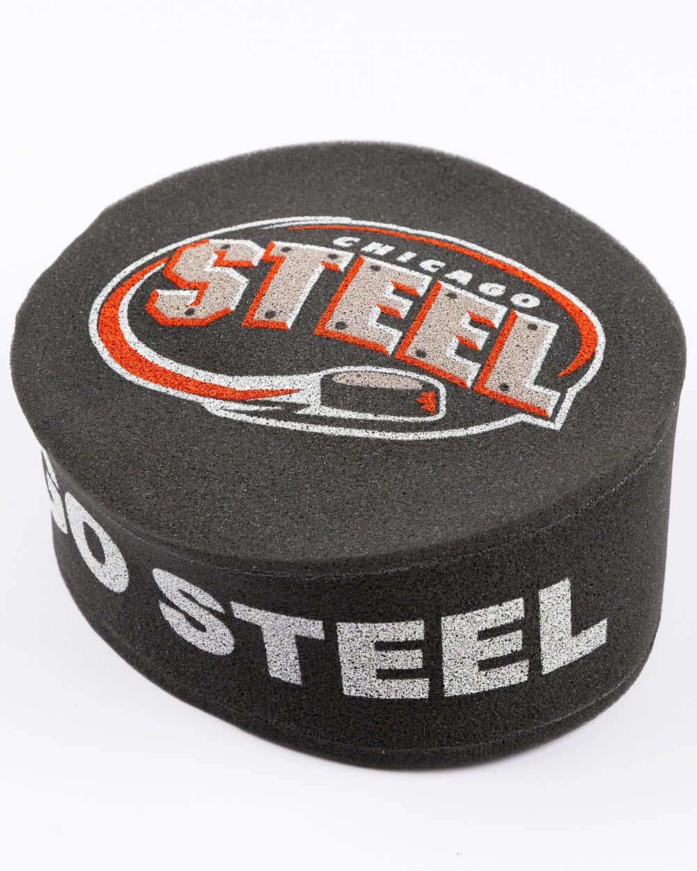 foam puck shaped hat with Chicago Steel logo and branding - front lay flat