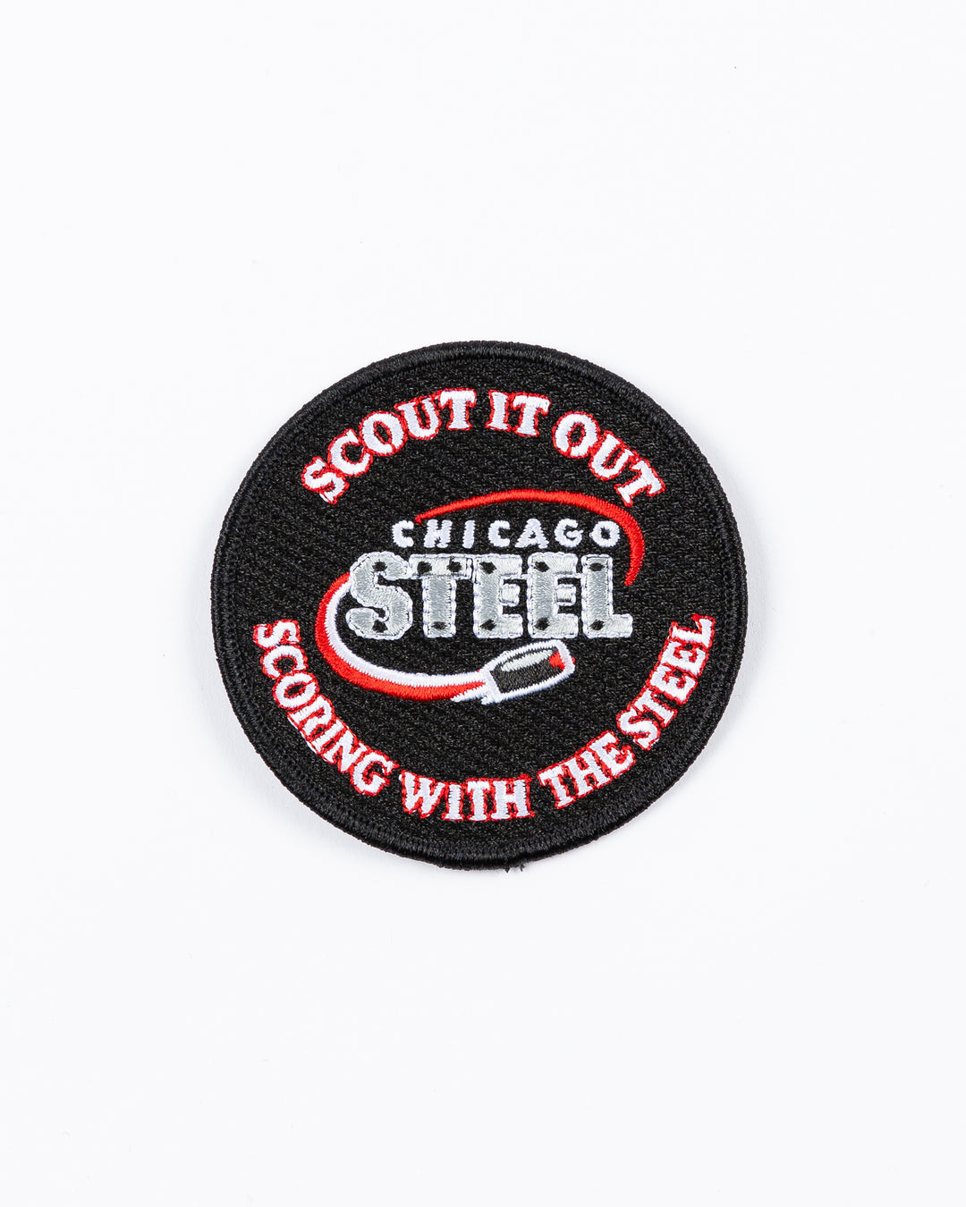 black round patch with Chicago Steel logo and Scout it Out Scoring with the Steel embroidered - front lay flat