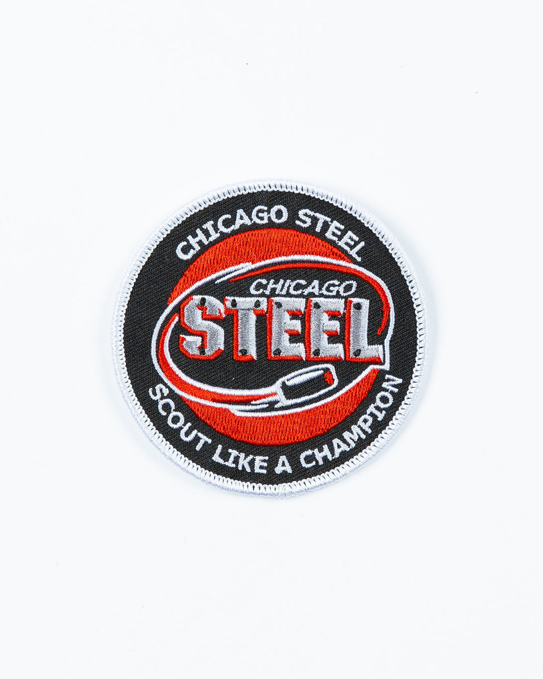 Chicago Steel fabric patch with "Scout Like A Champion" embroidered - front lay flat