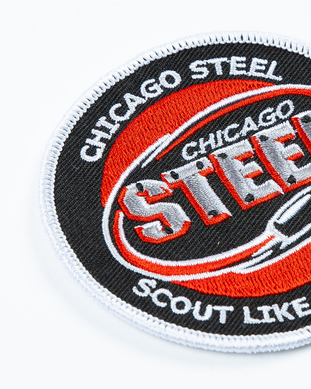 Chicago Steel fabric patch with "Scout Like A Champion" embroidered - detail lay flat