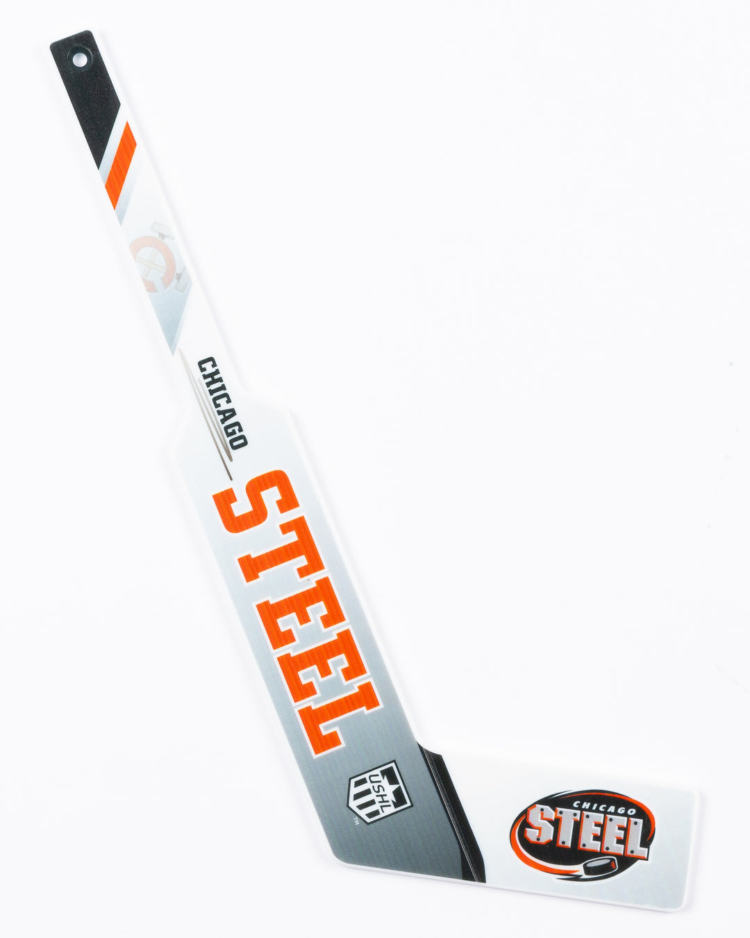 mini goalie hockey stick with Chicago Steel graphics - front lay flat