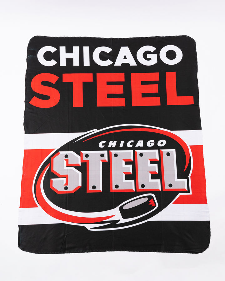 blanket with Chicago Steel branding and flannel pattern on back - front lay flat