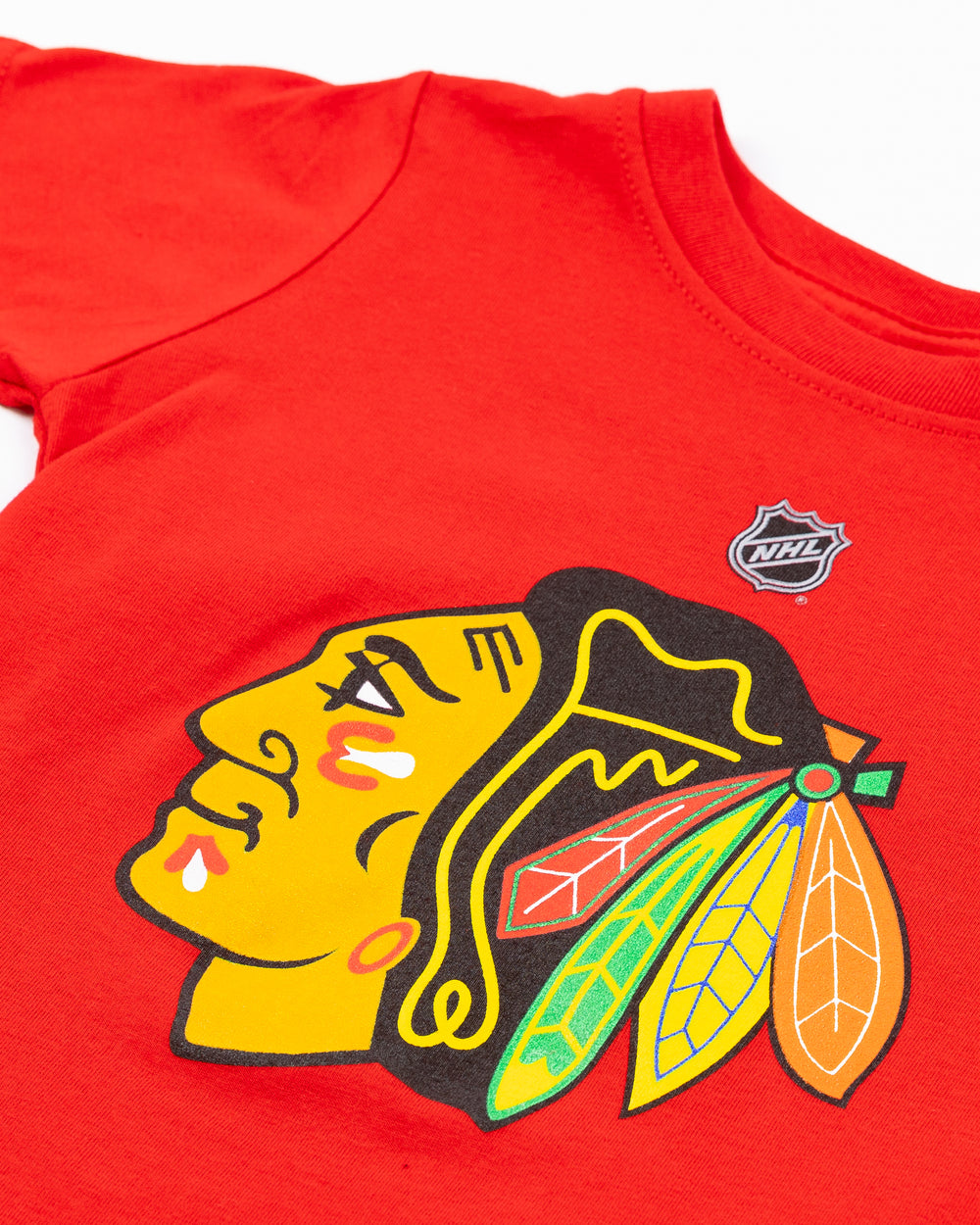 red short sleeve toddler tee with Chicago Blackhawks primary logo across front - detail lay flat