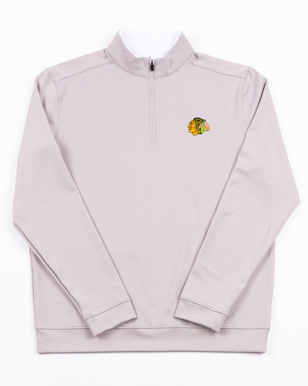 light grey johnnie-o quarter zip with embroidered Chicago Blackhawks primary logo on left chest - front lay flat