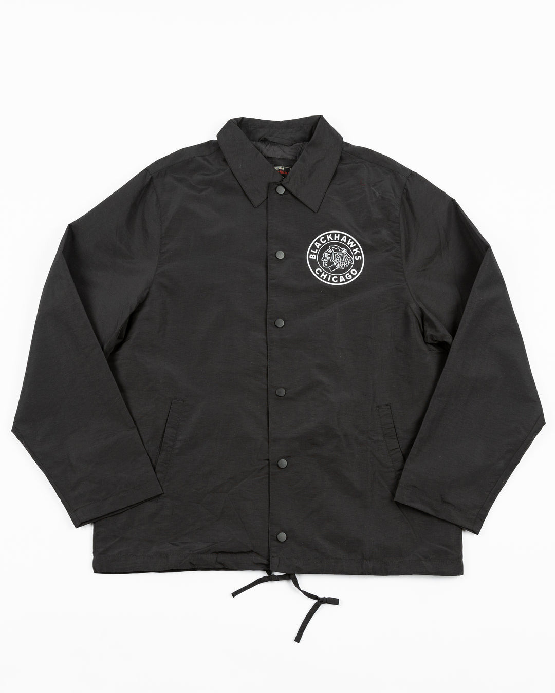 black American Needle coaches jacket with vintage Chicago Blackhawks logo on front left chest and graphic on back - front lay flat