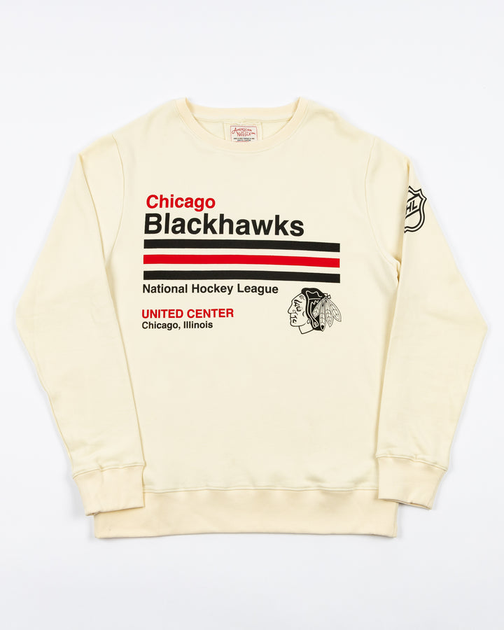 cream American Needle crewneck with retro-inspired Chicago Blackhawks graphic across front and NHL logo on left shoulder - front lay flat