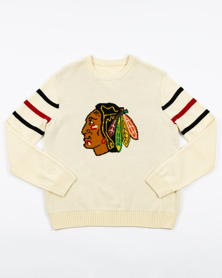 knitted ivory American Needle crewneck sweater with Chicago Blackhawks primary logo on front and stripe detailing on sleeves - front lay flat