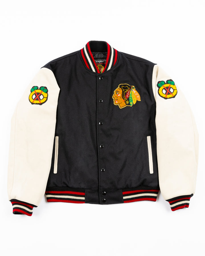 American Needle letterman jacket with Chicago Blackhawks patches throughout - front lay flat